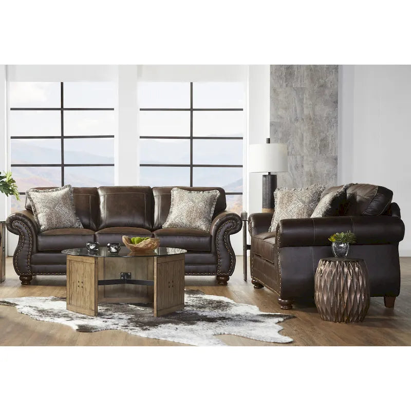 Roundhill Furniture Leinster Fabric Upholstered Nailhead Sofa and Loveseat Set in Espresso