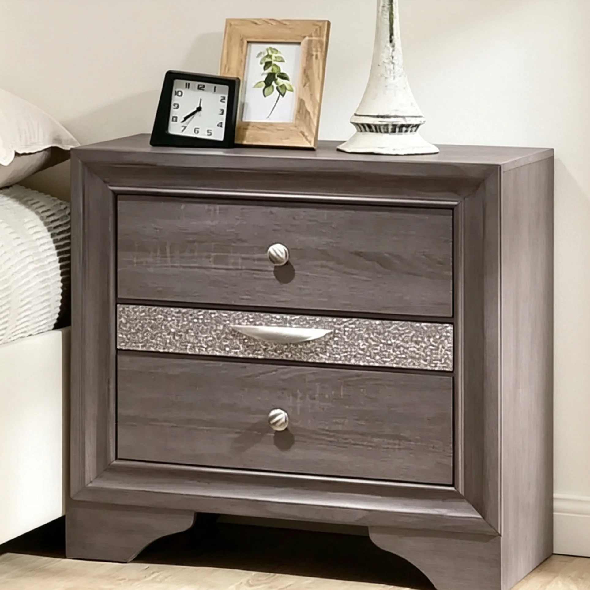 Contemporary Nightstand with Hidden Jewelry Drawer - Gray, Silver Accents