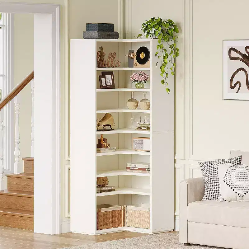 L-Shaped Bookshelf, 9 Tier Corner Bookcase, Large Wooden Corner Book Shelf with Open Shelf