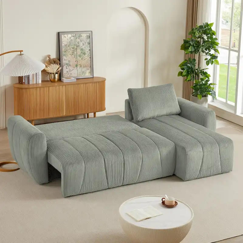 Grey 105.2 Corduroy L-Shaped Convertible Sleeper Sectional with Storage