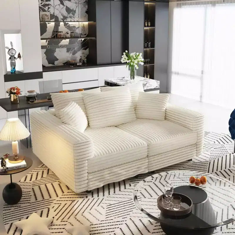 MAYEERTY 82.7 Plush Corduroy 3 Seat Sofa with Soft Pillows, Convertible Deep Seat Sofa Lunge Chair for Living Room Beige