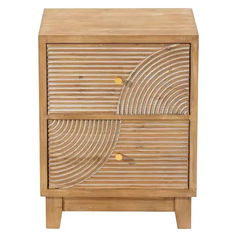 2-Drawer Nightstand with Wood Ring Pattern, Natural Wood Finish