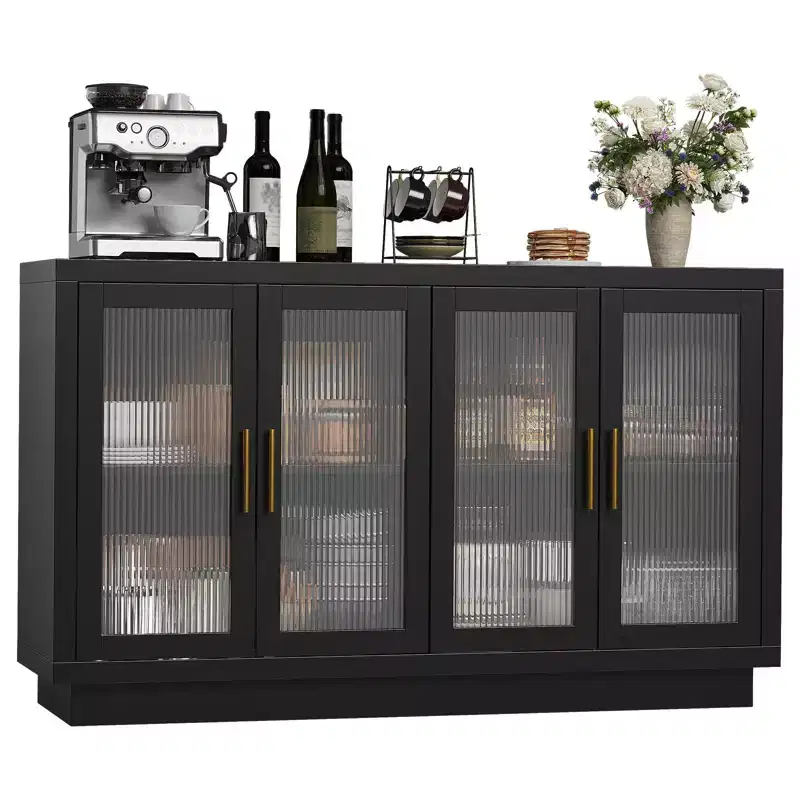 Black Buffet Sideboard Cabinet with 4 Glass Doors 鈥?55.1W, Adjustable Shelves