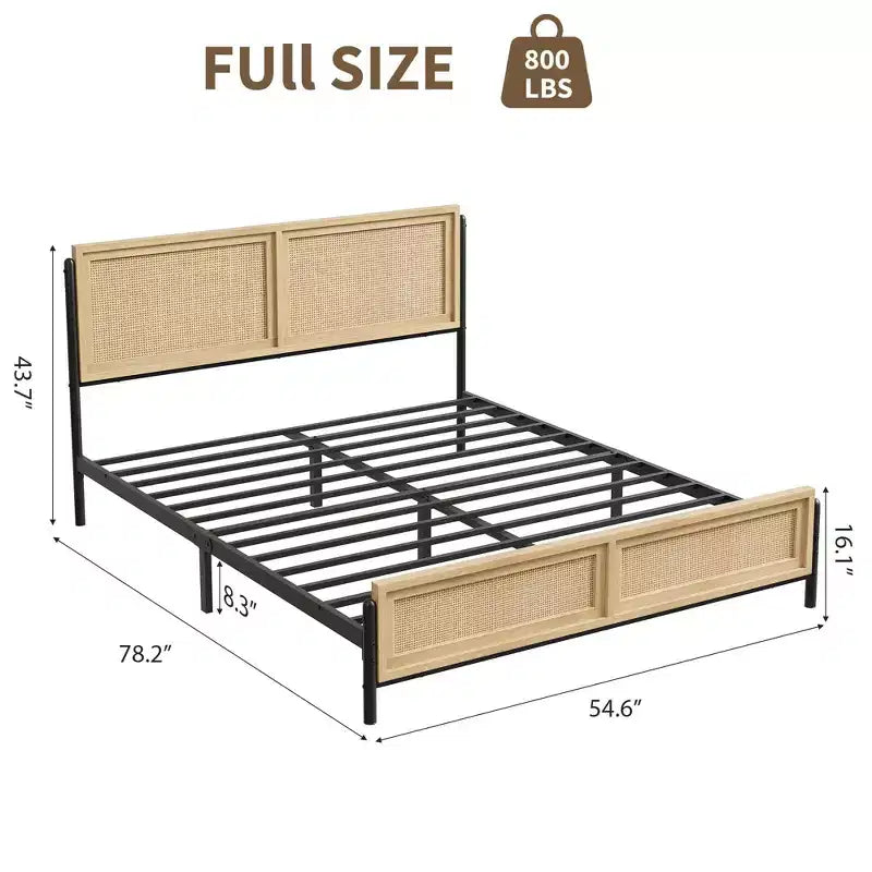 Boho Full/Queen/King Size Bed Frame with Natural Rattan Headboard and Footboard, Wooden Platform Bed, No Box Spring Needed, Noise-Free