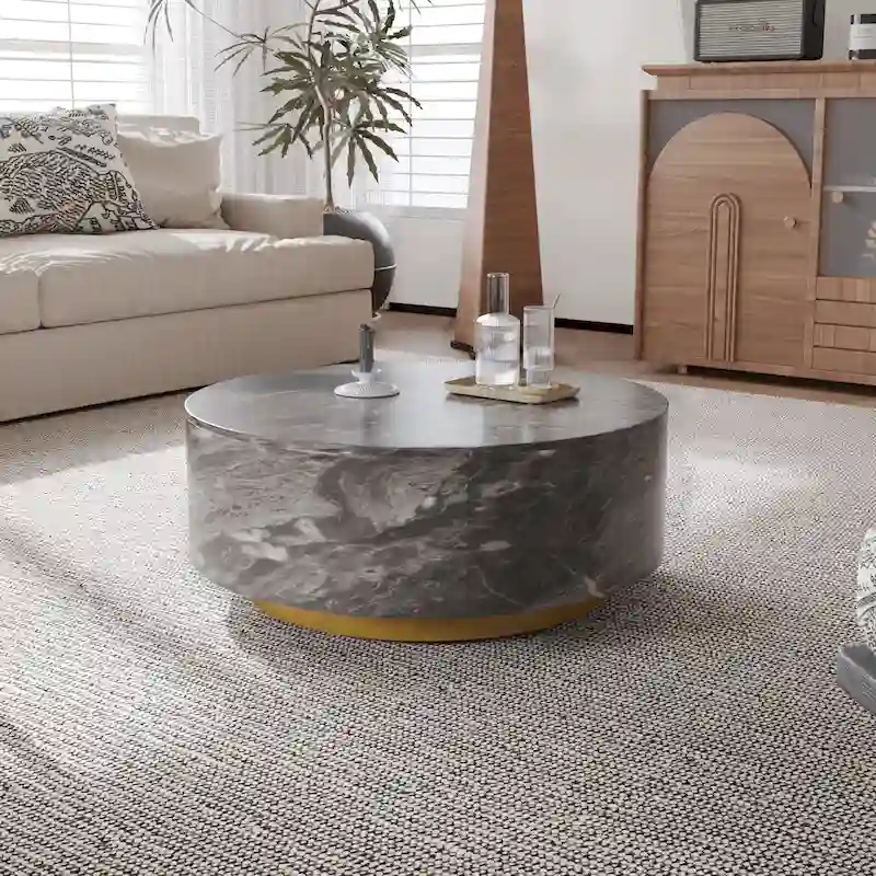 Modern Faux Marble Round Coffee Table Center Table with 2 Drawers, Fully Assembled