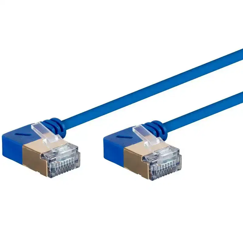 Monoprice SlimRun Cat6A Ethernet Network Cable/Cord - Blue - 1 Feet | 90 Degree Angled, 36AWG, S/STP