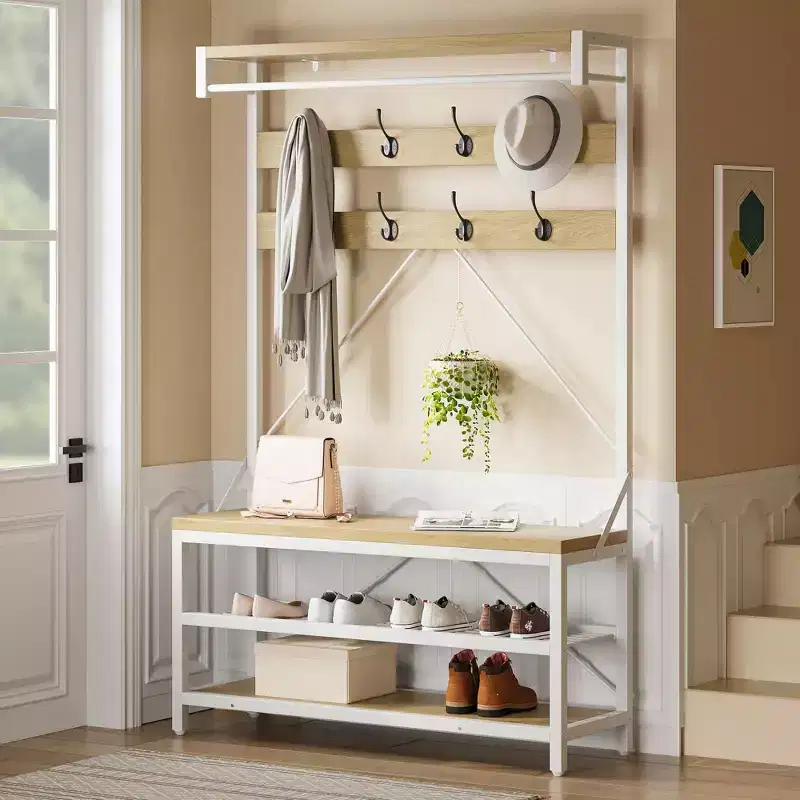 Coat Rack Shoe Bench Industrial Hall Tree Storage Bench for Entryway, Wood Look Accent Large Shoe Rack with Storage Shelf Hanging Bar, 8 Hooks