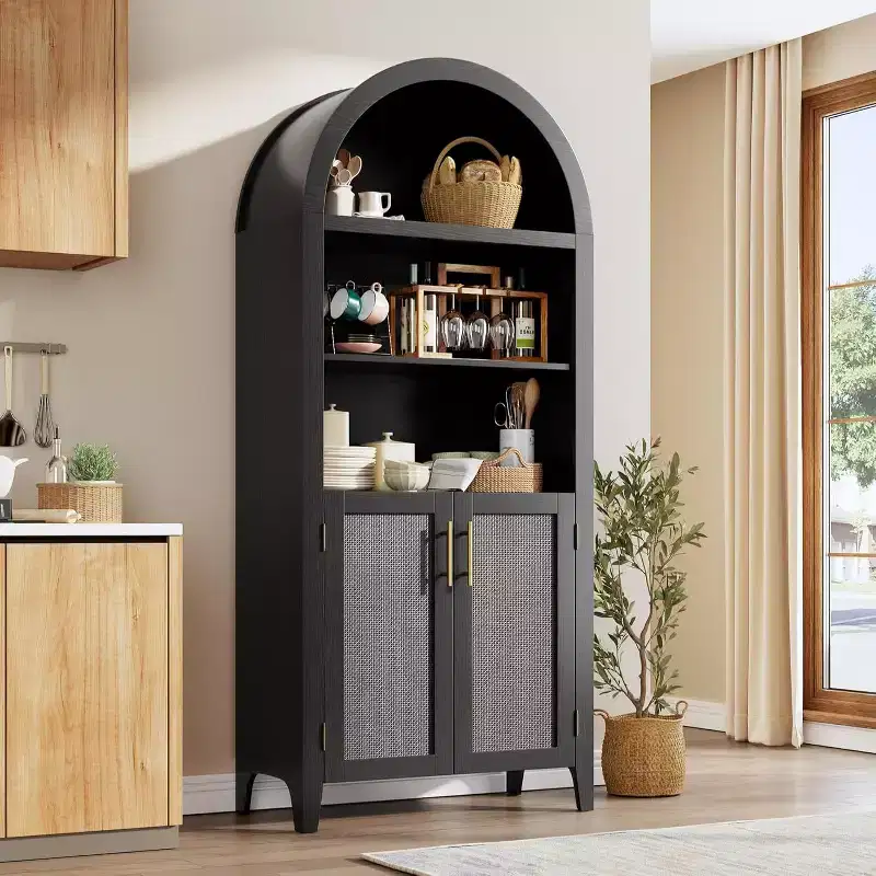 Acekool Arched Pantry Cabinet with Rattan Doors, 5-Tier Farmhouse Storage Cabinet for Kitchen Dining Living Room