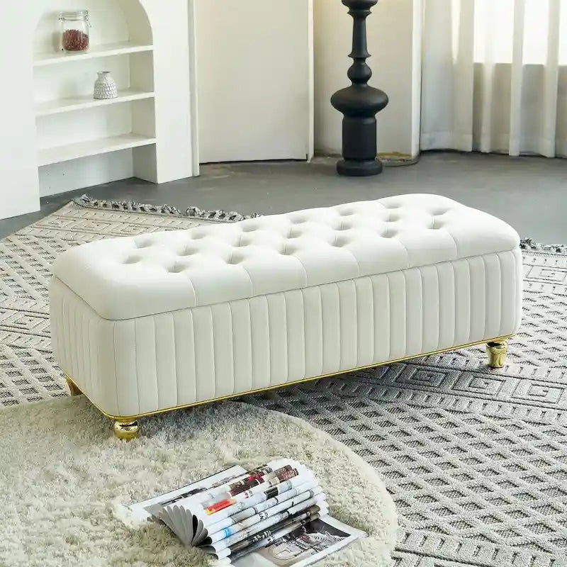 Rectangle Storage Ottoman Bench – Green / Black / Beige, Tufted Velvet, Modern Style, Seats 1–2