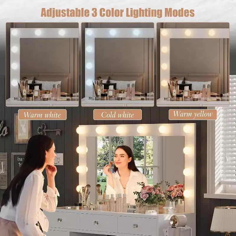 Vanity Desk with Power Outlet & 12 LED Lighted Mirror - 11 Drawers 45 Glass Top Makeup Vanity with 3 Lighting Modes