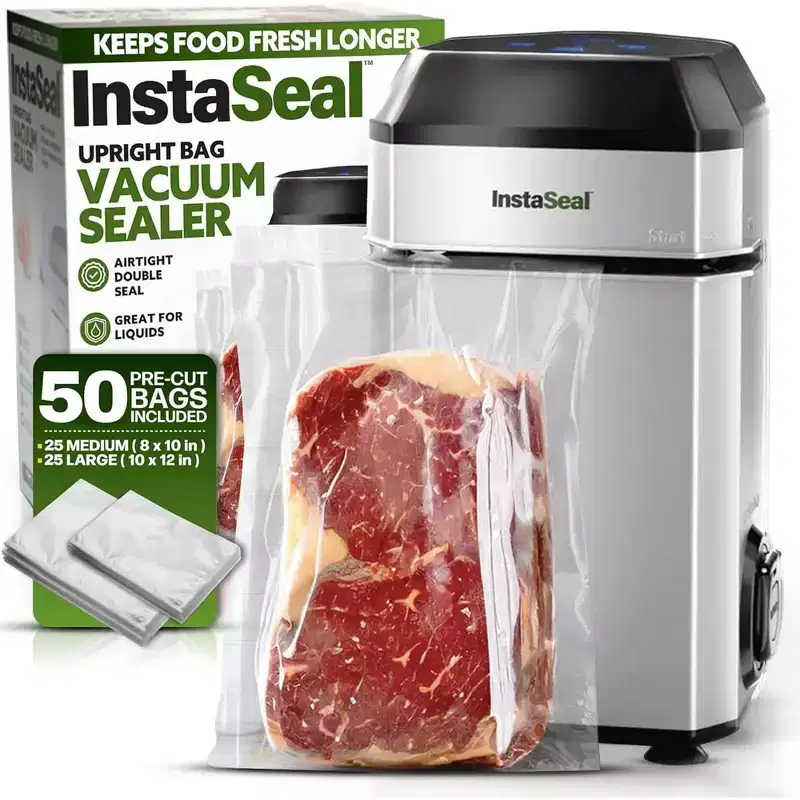 InstaSeal Vacuum Sealer Food Saver Bag Sealer Machine Upright Suction Base With 50 Food Safe Storage Bags