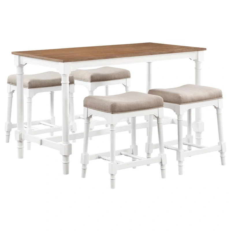 Hima 5 Piece Counter Height Table Set with 4 Stools, Beige Fabric, White