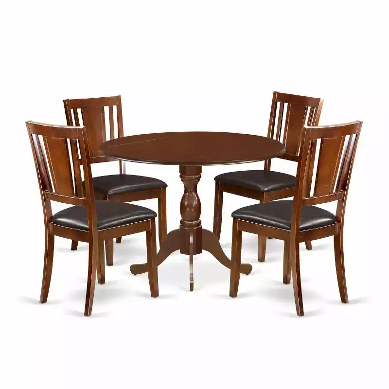 HomeStock 5-Piece Mahogany Finish Solid Wood Top Dining table with 4-Chairs with Drop Leaf Lattice Back