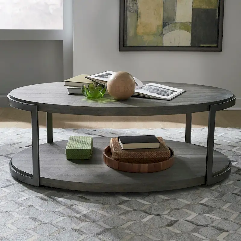 Oval Cocktail Table Wood Metal Gray Two-Tier Open Shelf Dark Pewter Legs