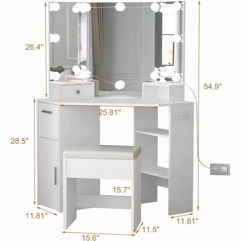 Modern Corner Vanity Makeup Desk with Vanity Mirror,Built-in Power Outlet with Drawers & Cabinets,Open Storage,for Bedroom