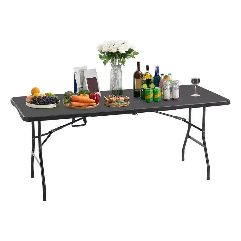 VEVOR Folding Table, 6 Ft Heavy Duty Portable Fold-in-Half Utility Table, Indoor Outdoor Plastic Rectangle Table with Built in Handle, Black