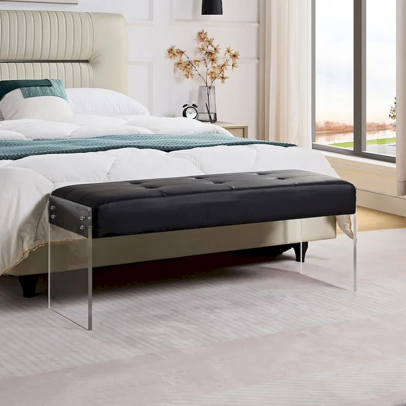 Javlergo Upholstered Entryway Bench, Faux Leather Bedroom/Living Room Bench, Acrylic Base 44.7-inch