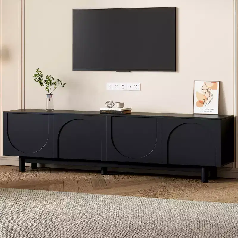 JVNOXK Mid-Century Modern Arched TV Stand, fits up to 78 inches, solid wood legs, with adjustable shelves, perfect for living rooms, black