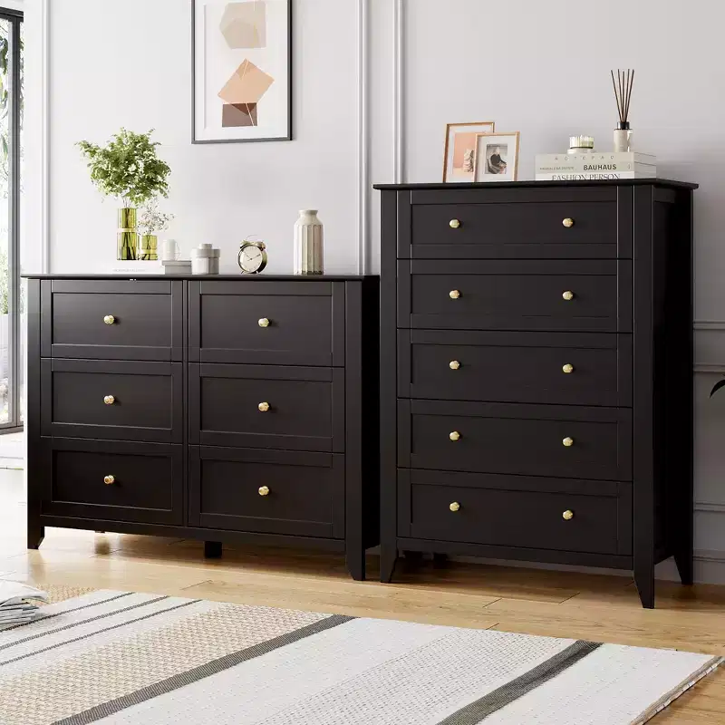 5 Drawer Dresser, 2pcs Modern Chest of Drawers for Bedroom, Side Table Nightstand for Living Room, Hallway, Entryway, Black