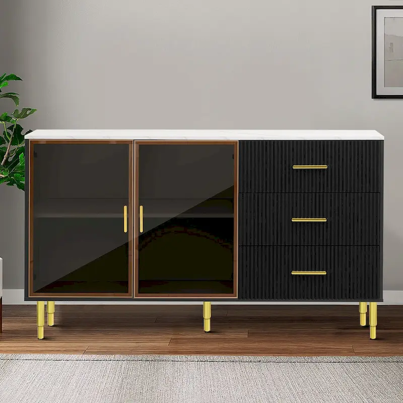 Modern Stylish Wooden Sideboard with 2 Amber-yellow Tempered Glass Doors