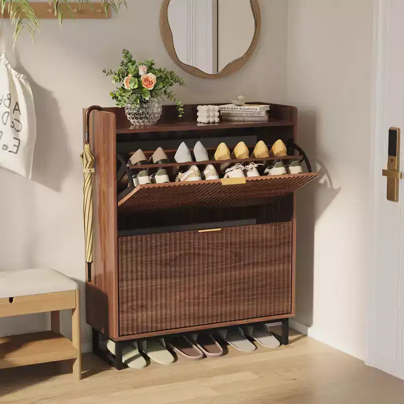 Shoe Storage Cabinet with 2 Flip-Down Doors, Narrow Fluted Wood Design, Walnut Finish