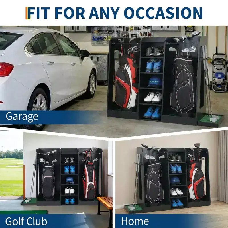 Wooden Golf Bag Organizer and Storage Rack, 2 Golf Bag Rack, Easy to Assemble Golf Club Holder/Stand with Club Holders on Side