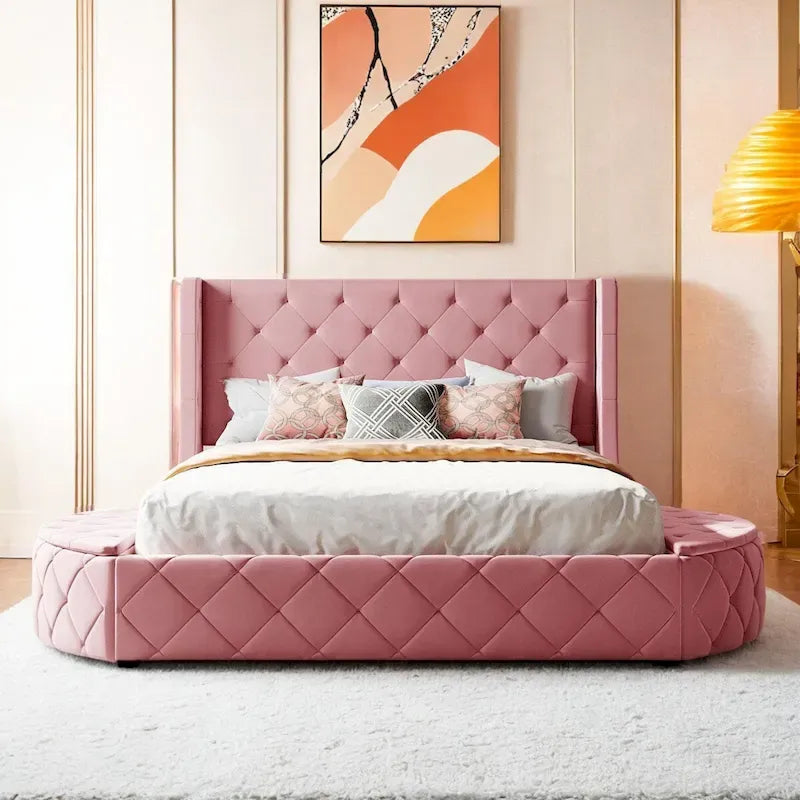 Pink / Gray / Beige / Blue Velvet Queen Platform Bed with Wingback Headboard, 1 Drawer and 2 Side Stools for 2 Person
