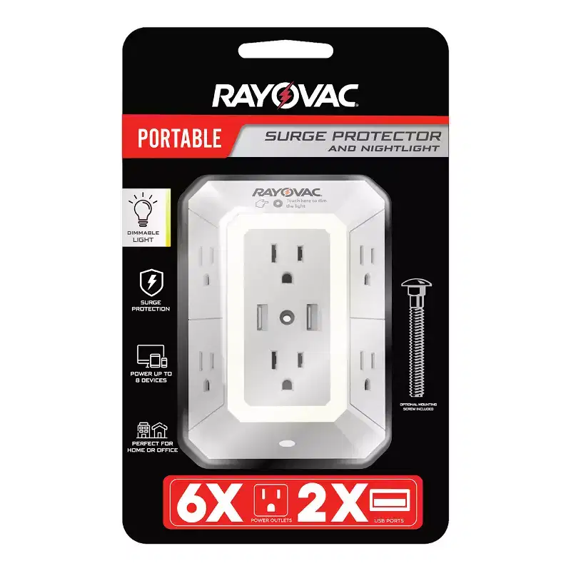 RAYOVAC 6-AC Outlet and 2-USB Port 300-Joules Portable Surge Protector Wall Tap with Phone Holder and Night-Light, SS-Q205