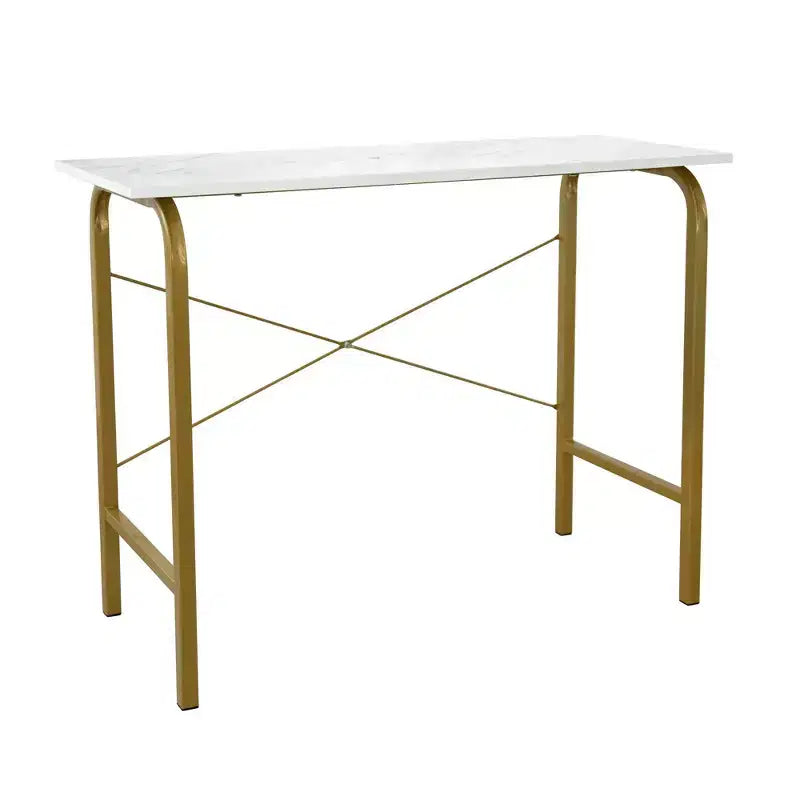 40" Home Office Computer Desk, Faux Marble Top, Brass Metal Legs, Veneer Surface