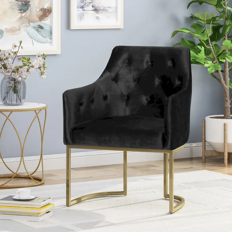 Velvet Button-Tufted Accent Chair, Gold Legs, Single Seat — Emerald / Teal / Black