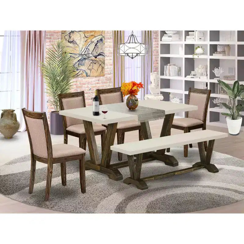 HomeStock 6-Piece Rectangle Distressed Jacobean Finish Solid Wood Top Dining Table with 1-Bench, 4-Chairs