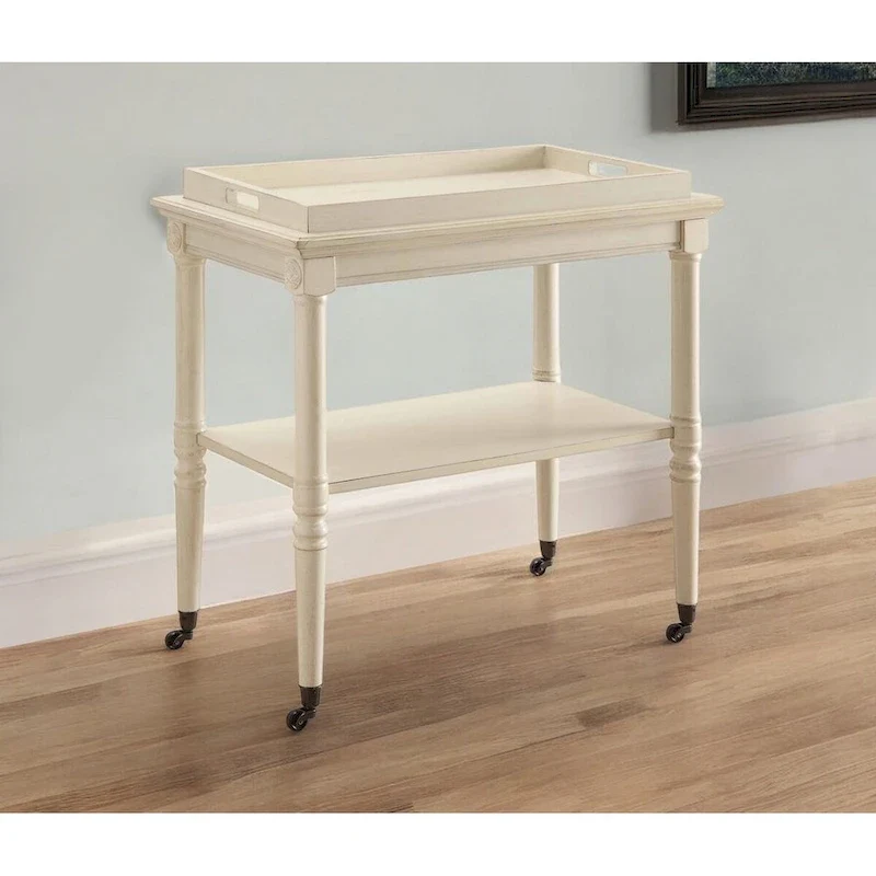 30 Antiqued White Wood Rolling Bar Cart - 30 W x 18 D x 32 H