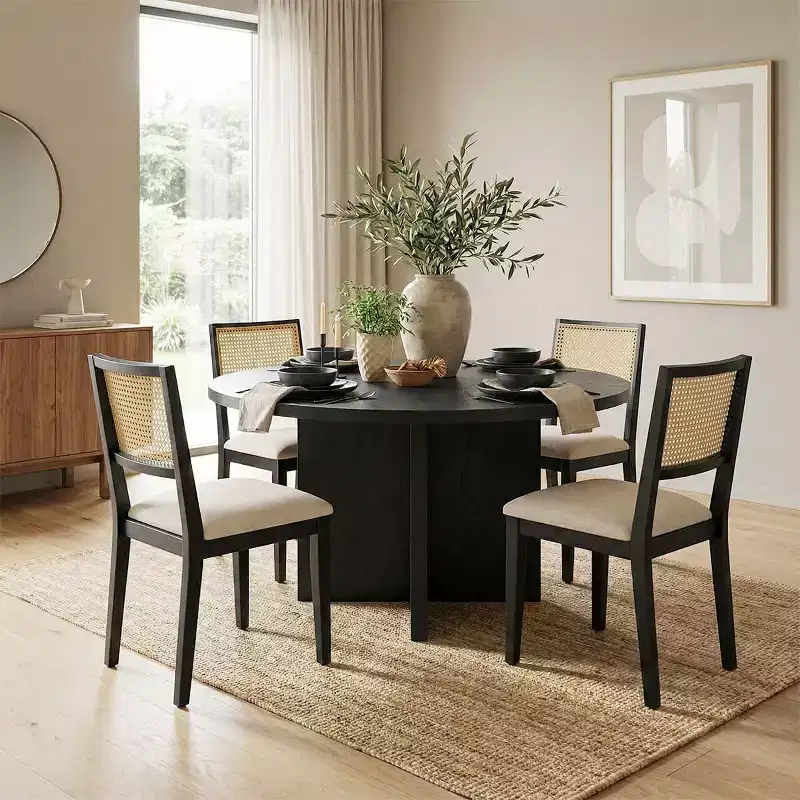 52 Round Dining Table Set with Sculptural-Pedestal Base, Cane-Back Chairs and Neutral-Upholstered Seats for Modern Homes-Panipeachy