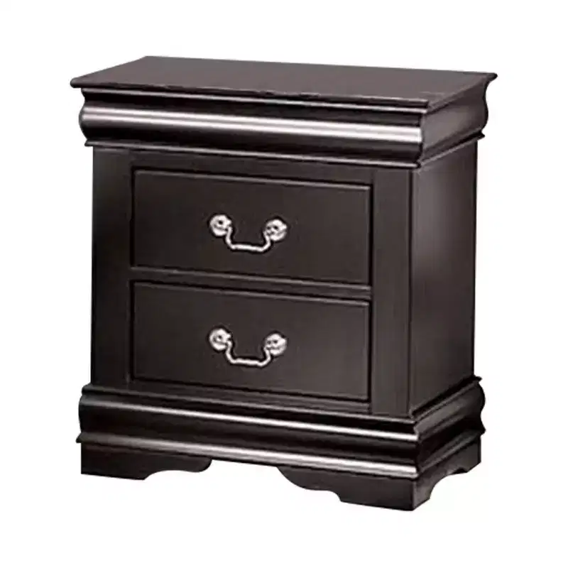 Royal Hampton Nightstand, 2 Drawers, Black Solid Wood, Nickel Metal Drop Handles