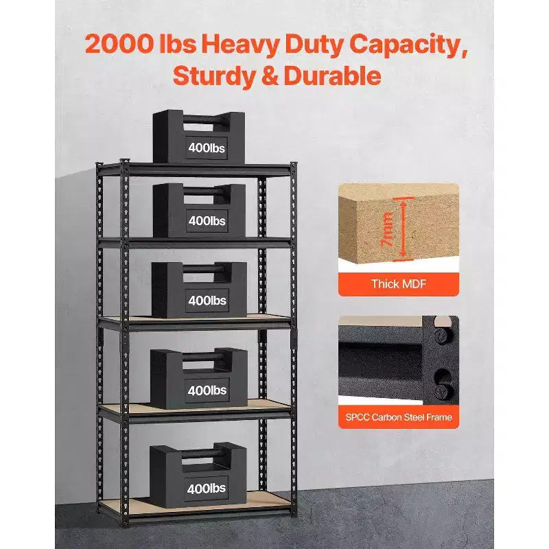VIYET 63 5-Tier Garage Storage Shelves-Black Metal, Adjustable, 2000LBS Load