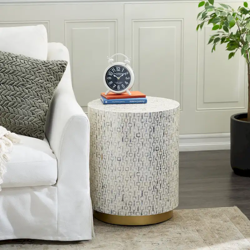 Mother of Pearl Shell Accent Table with Gold Base and Geometric Patterns - White, Gray or Black