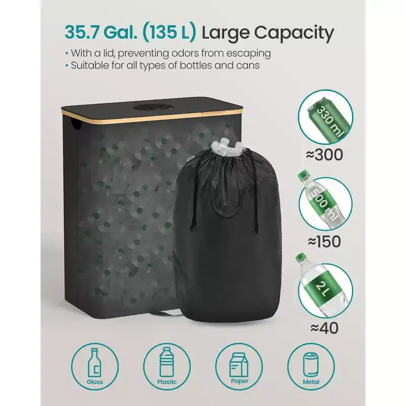35.7 Gallon Recycling Bin with Inner Bag, Large Bottle & Can Container for Metal, Plastic, Glass, Paper, Ink Black & Natural Beige