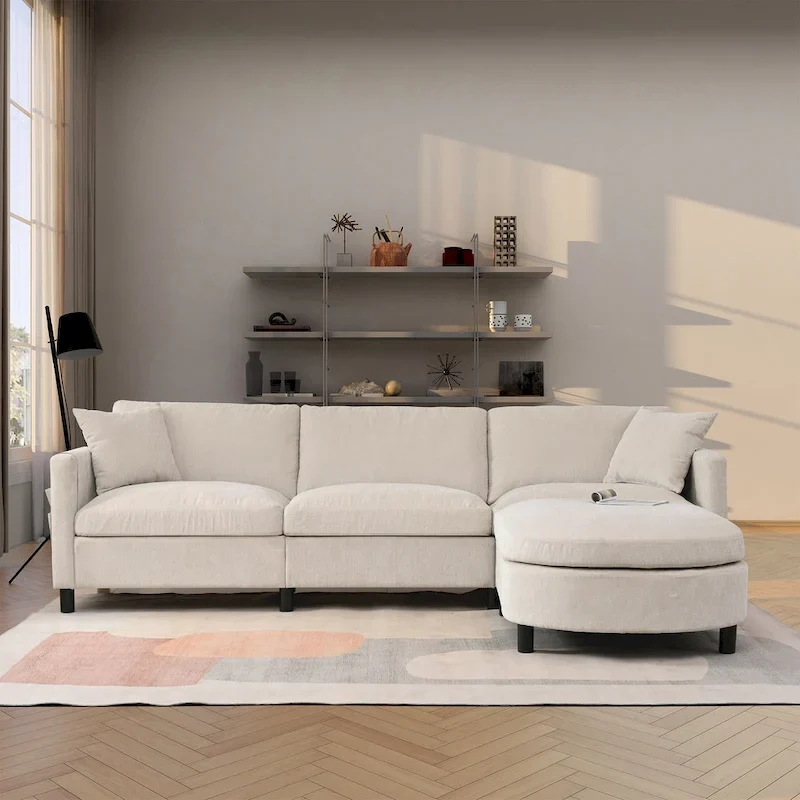 Beige 107.87 Spacious 4-Seater Sofa with Movable Ottoman
