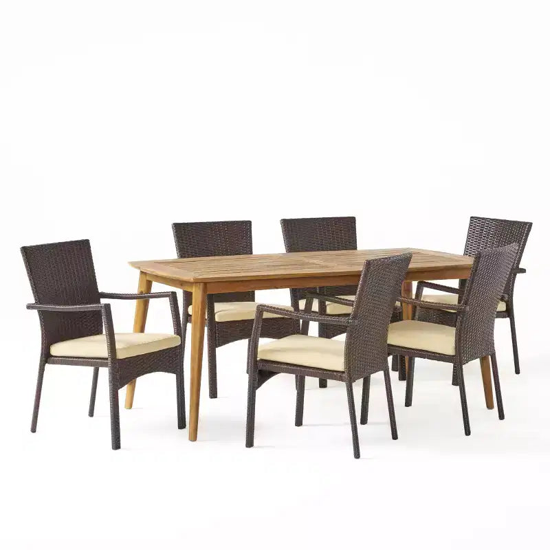 Christopher Knight Home Talbot Outdoor Acacia Wood and Wicker 7 Piece Dining Set with Cushion
