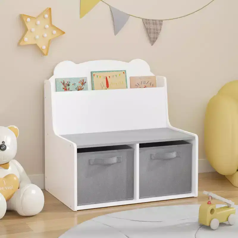Kids Bookshelf with Storage Bins  Wooden Bookcase with Book Display Shelf and 2 Fabric Bins, Cute Bear-Shaped Backboard, Toy Organizer for Toddlers