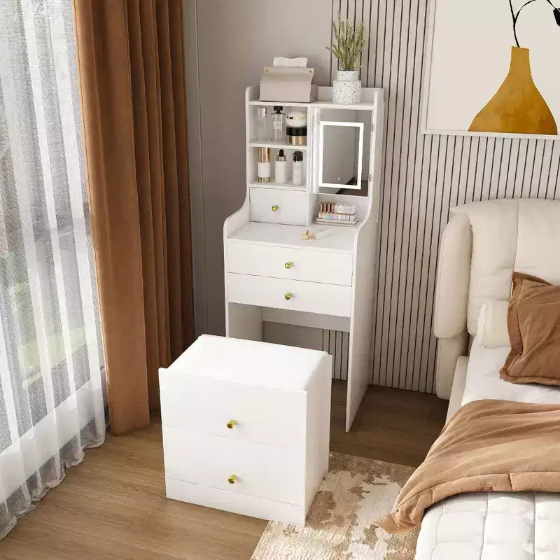 Okak 3-In-1 Small Vanity Desk with Mirror and Storage Stool, Compact Vanity with 4 Drawers and Open Shelves, Vanity Table for Bedroom, White