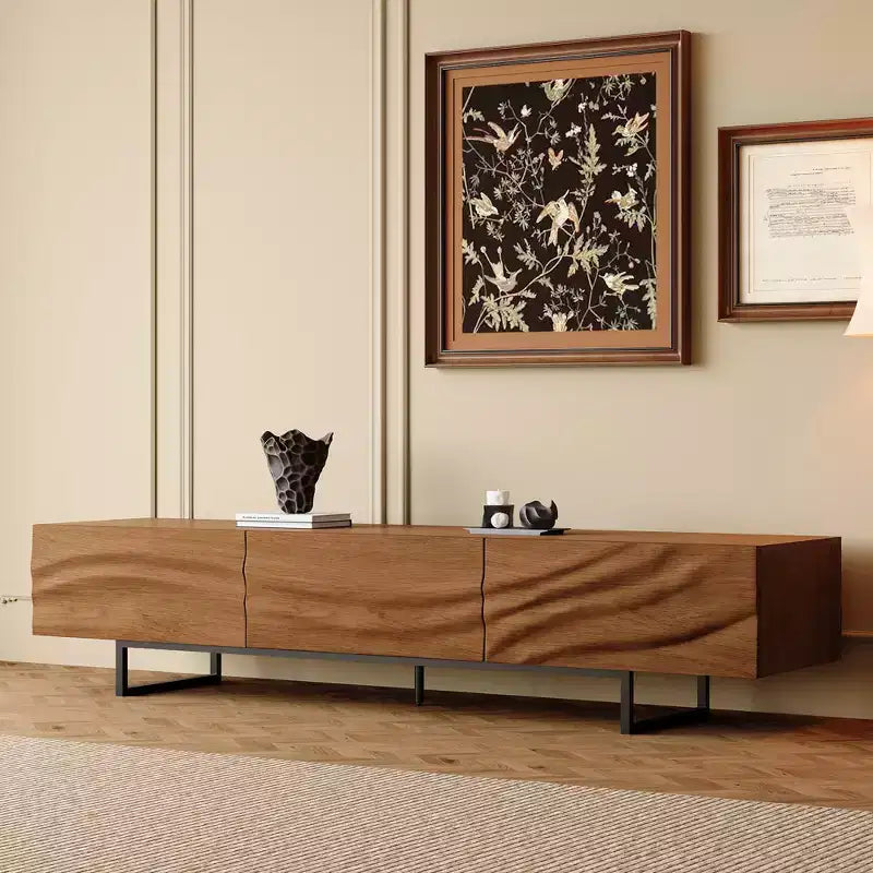 Luck Live 82.83 Mid-Century Modern Solid Wood Relief TV Stand - 3 Drawers, Metal Legs & Ventilation Holes