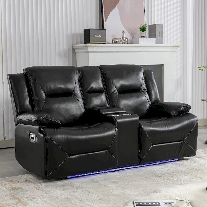 2-Seater Home Theater Recliner with LED Light Strip, Cup Holders & Storage Box