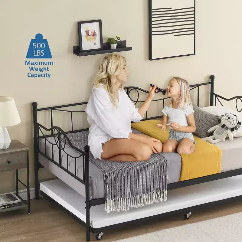 Modern Twin Daybed with Trundle and Backrest, Pull-Out Daybed Sofa Bed, Space-Saving, Easy Assembly, Steel Slat Support, for Living Room, Bedroom