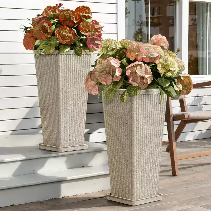 NAYSAYE Tapered Tall Planters for Outdoor Plants 2 Pack-23.6 Inch Heavy-Duty Classic Square Indoor Flower Pots with Drainage Holes/Partition/Tray