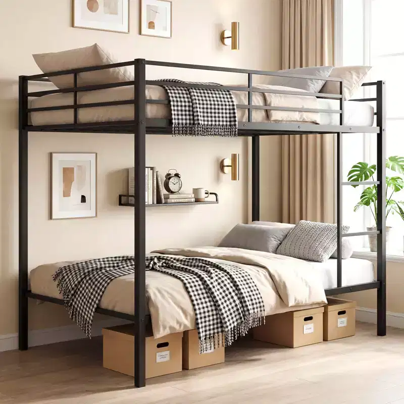 Metal Bunk Bed Full Over Full, Modern Heavy-duty Bunk Bed with Safety Guardrail