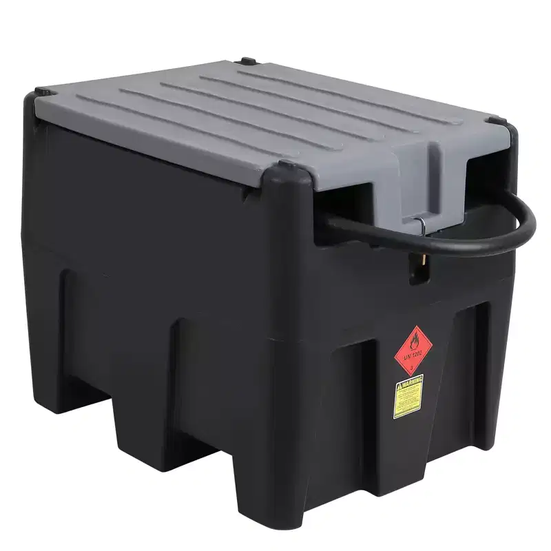 182-liter Portable Fuel Tank with Four-wheel Manual Transfer Pump, 13-foot Hose and Nozzle, for Trucks, Tractors, Black Tank, Ash Cap and Red Gun