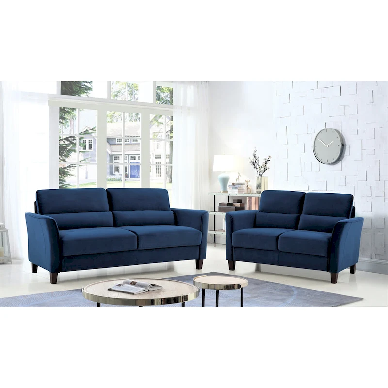 2 Pieces Mid Century Modern Upholstered Sloped Arms Living Room Set, Loveseat and Sofa