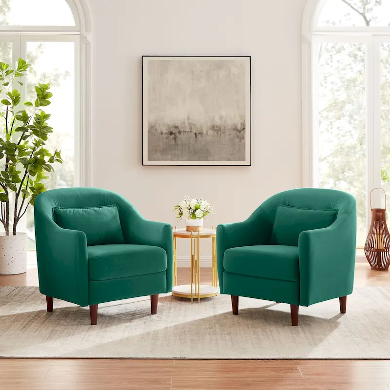 28.34W Set Of 2 Accent Armchair, Velvet Barrel Chair with Solid Wood Legs