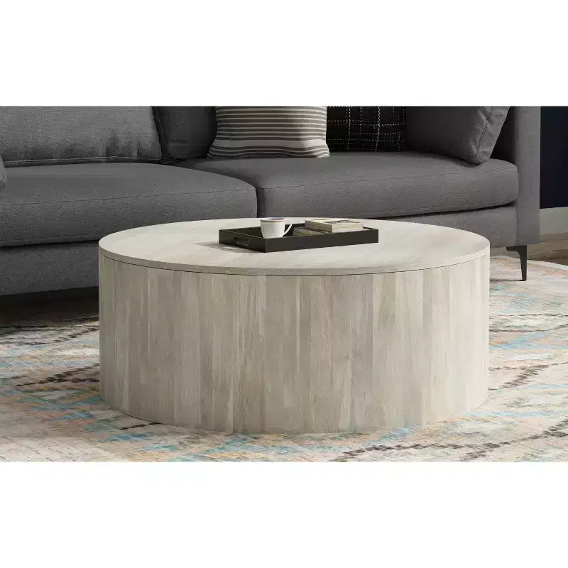 Hillmount SOLID MANGO WOOD 36 inch Wide Round Contemporary Drum Coffee Table, Fully Assembled